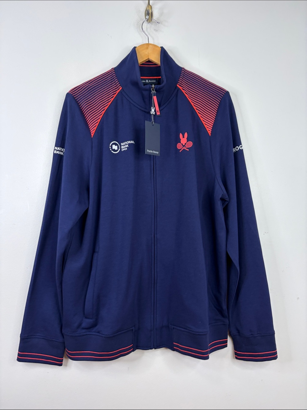 New Psycho Bunny Track Jacket Mens XL Navy Blue Coral Striped Tennis Ball Crew
